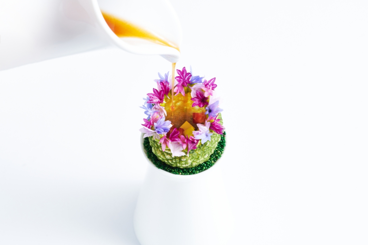 a white pitcher pouring liquid into a flower pot