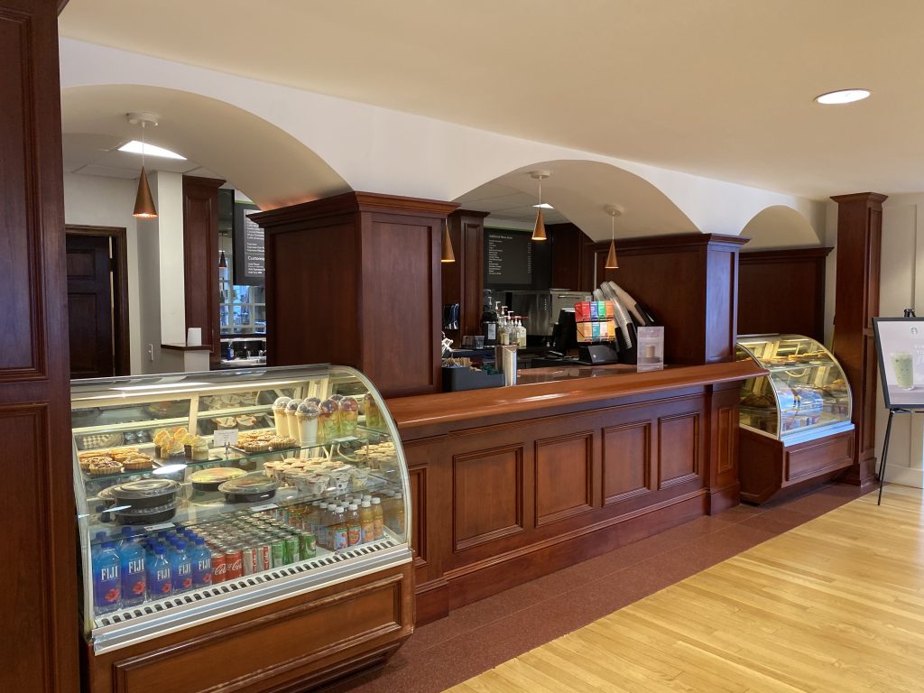 a counter with food in a store