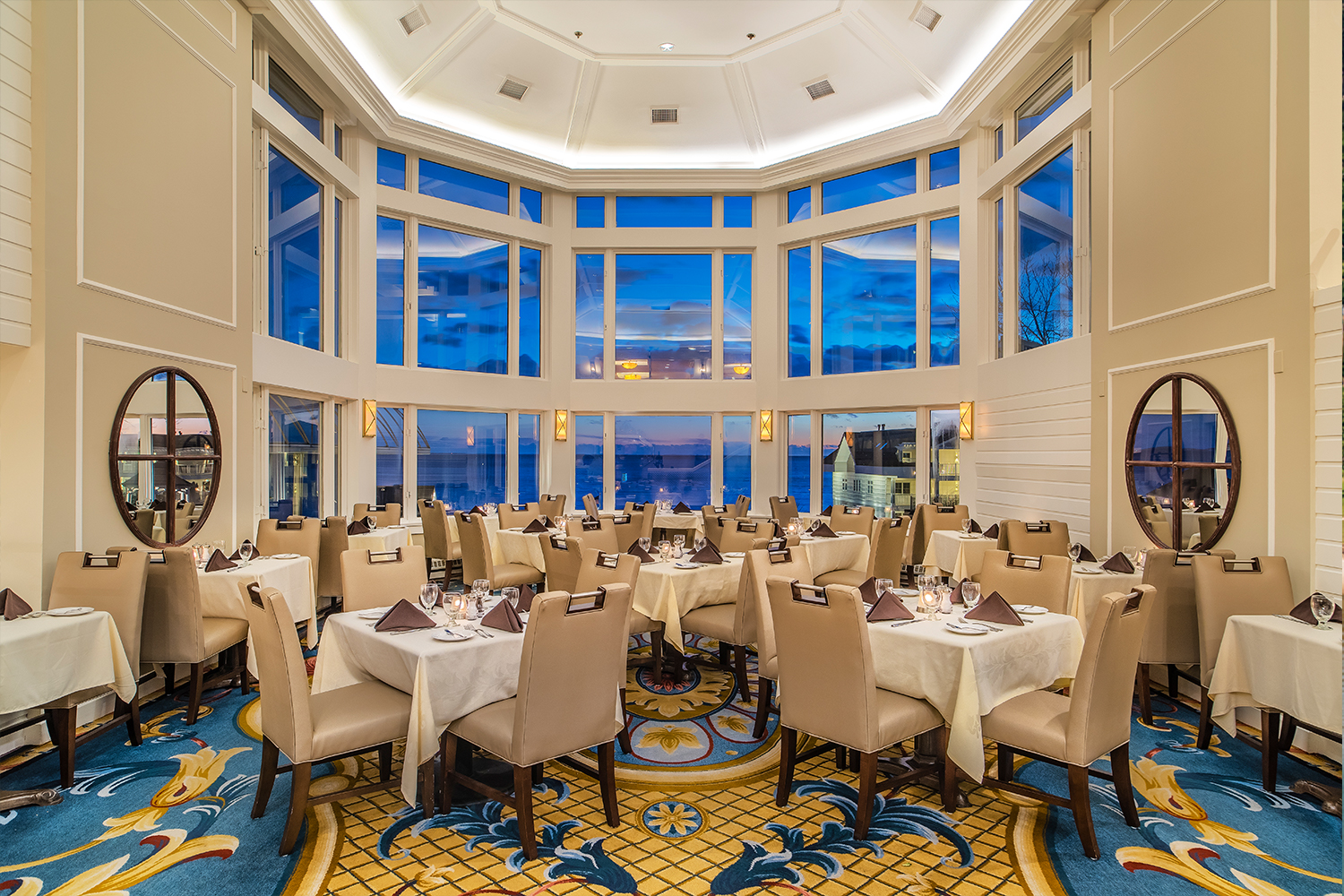 a room with tables and chairs