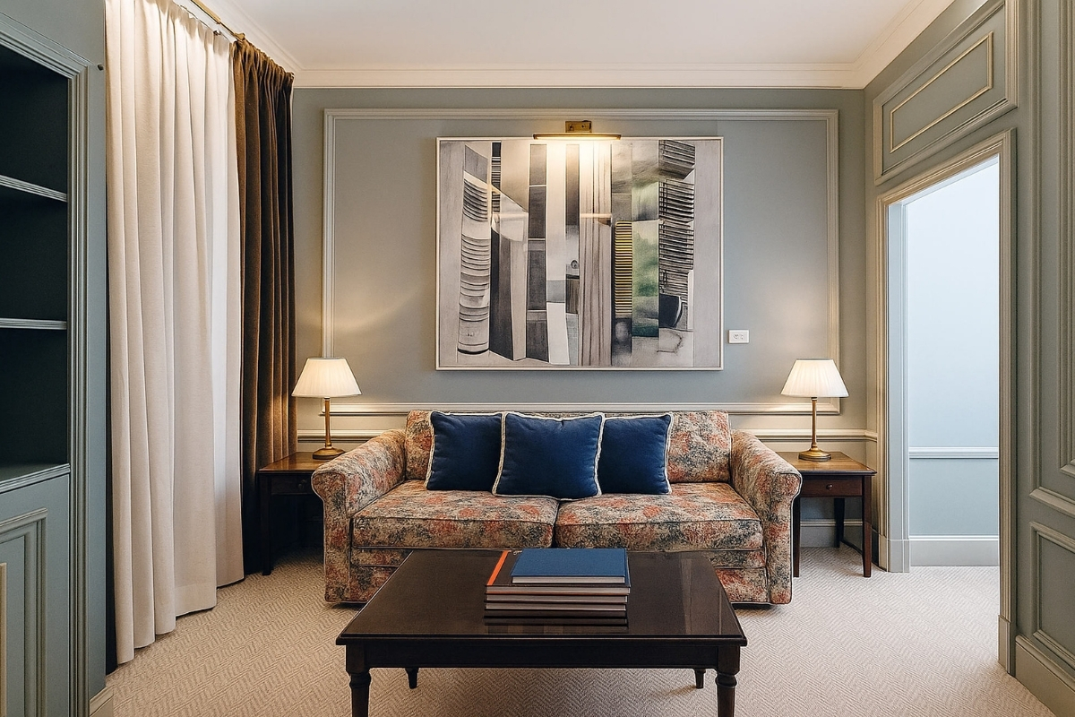 a living room with a couch and a coffee table