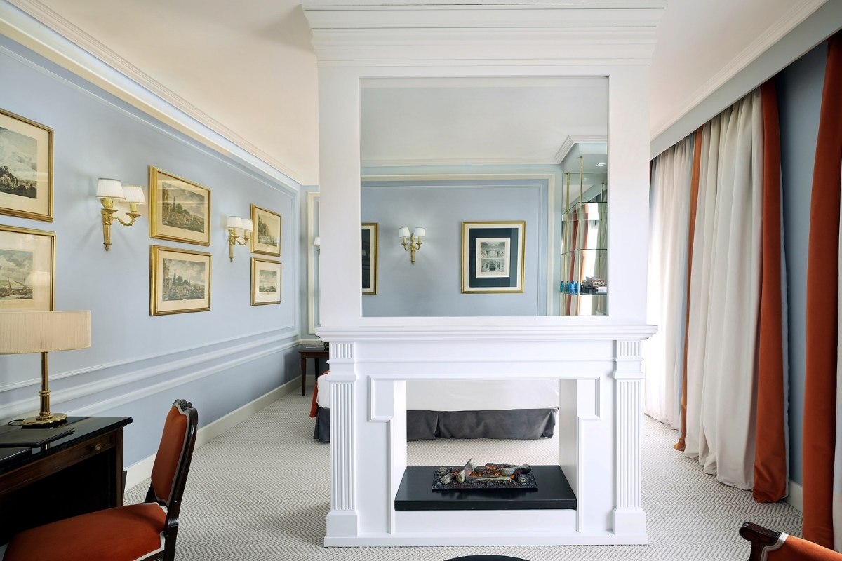 a room with a fireplace