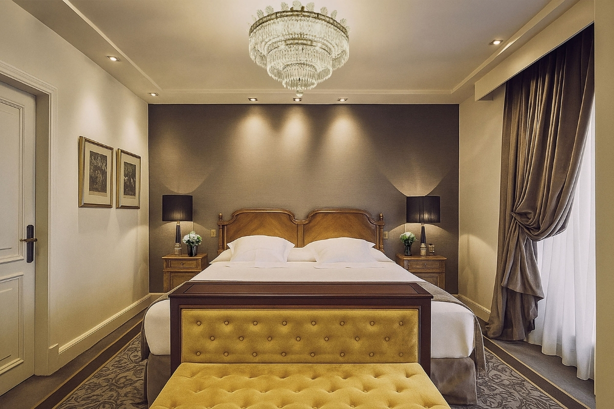 a bedroom with a bed and a chandelier