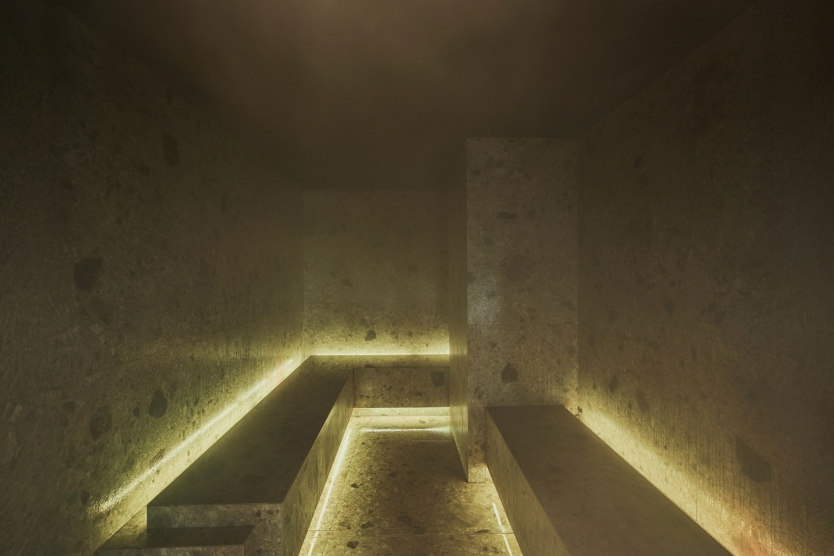 a room with benches and lights