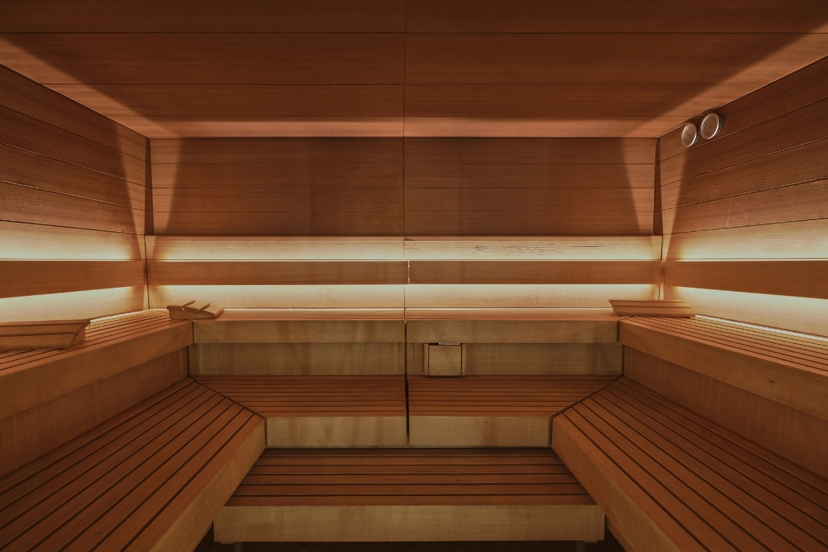 a wooden sauna with lights