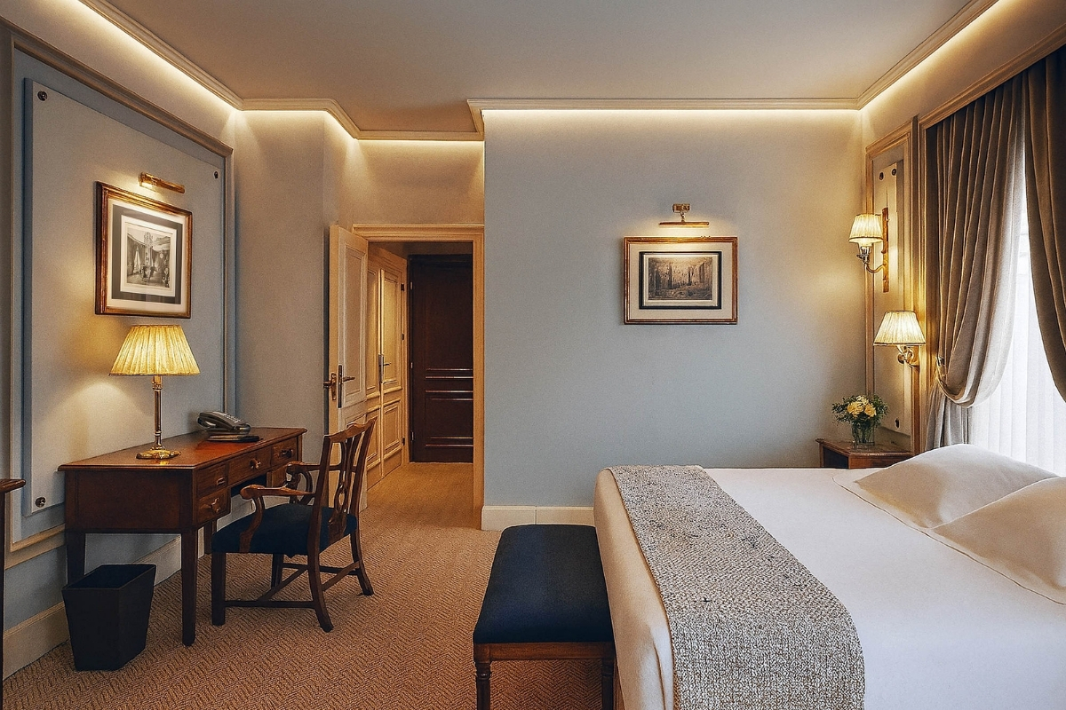 a room with a bed and desk