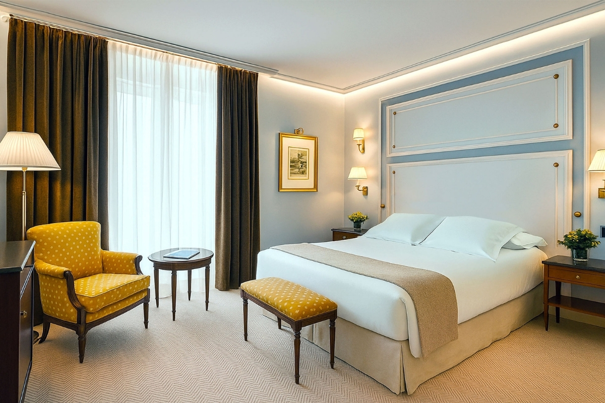 An elegant guest bedroom featuring a king-size bed with light blue molding details, a yellow patterned armchair and matching footrest bench, floor-to-ceiling brown drapes, and warm accent lighting.