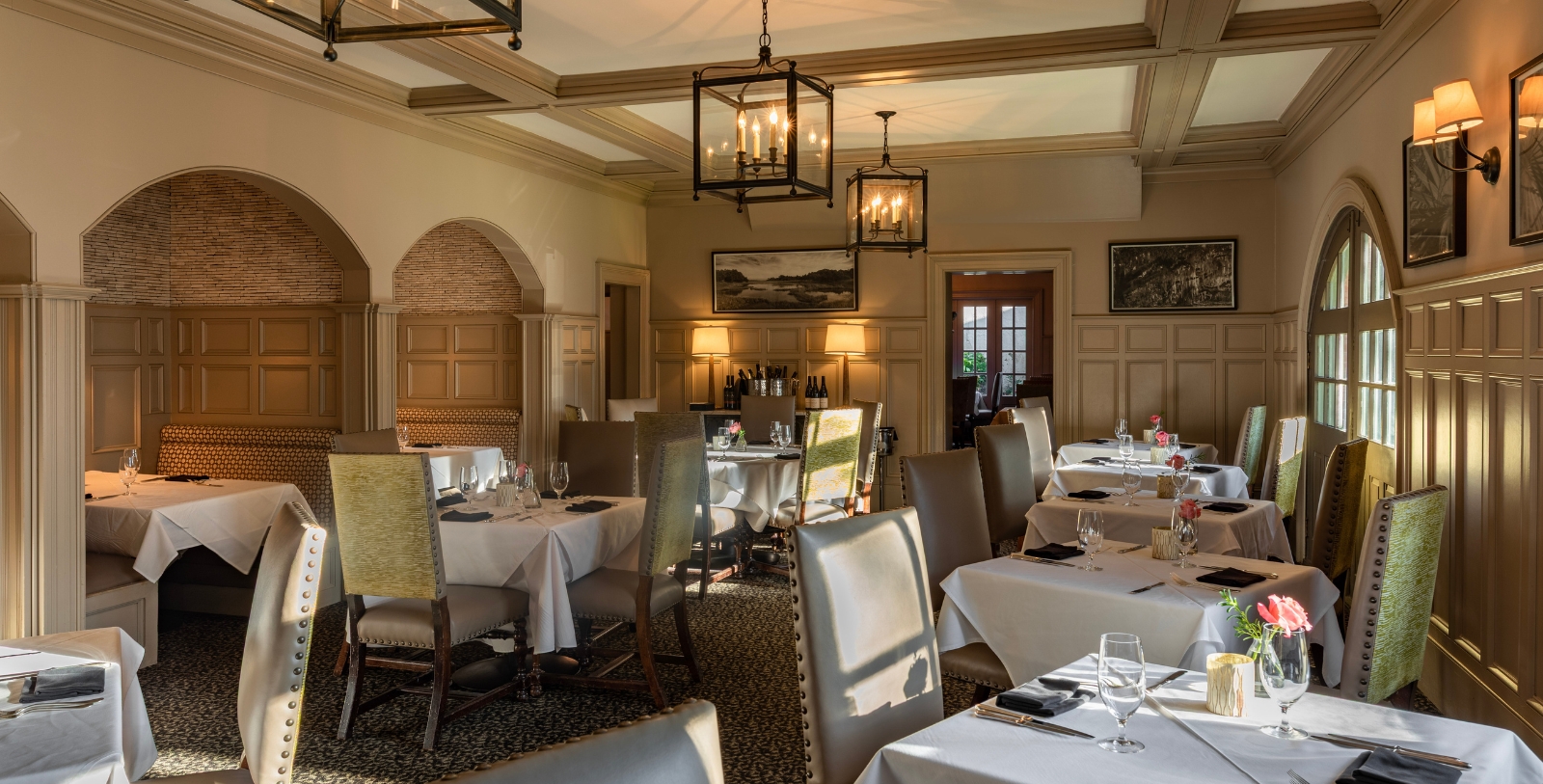 a room with tables and chairs