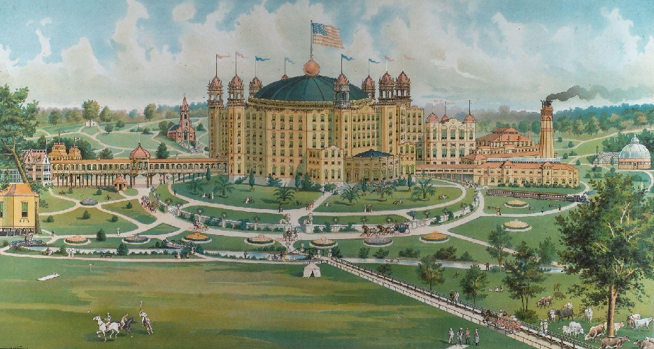 a painting of a large building with a flag on top