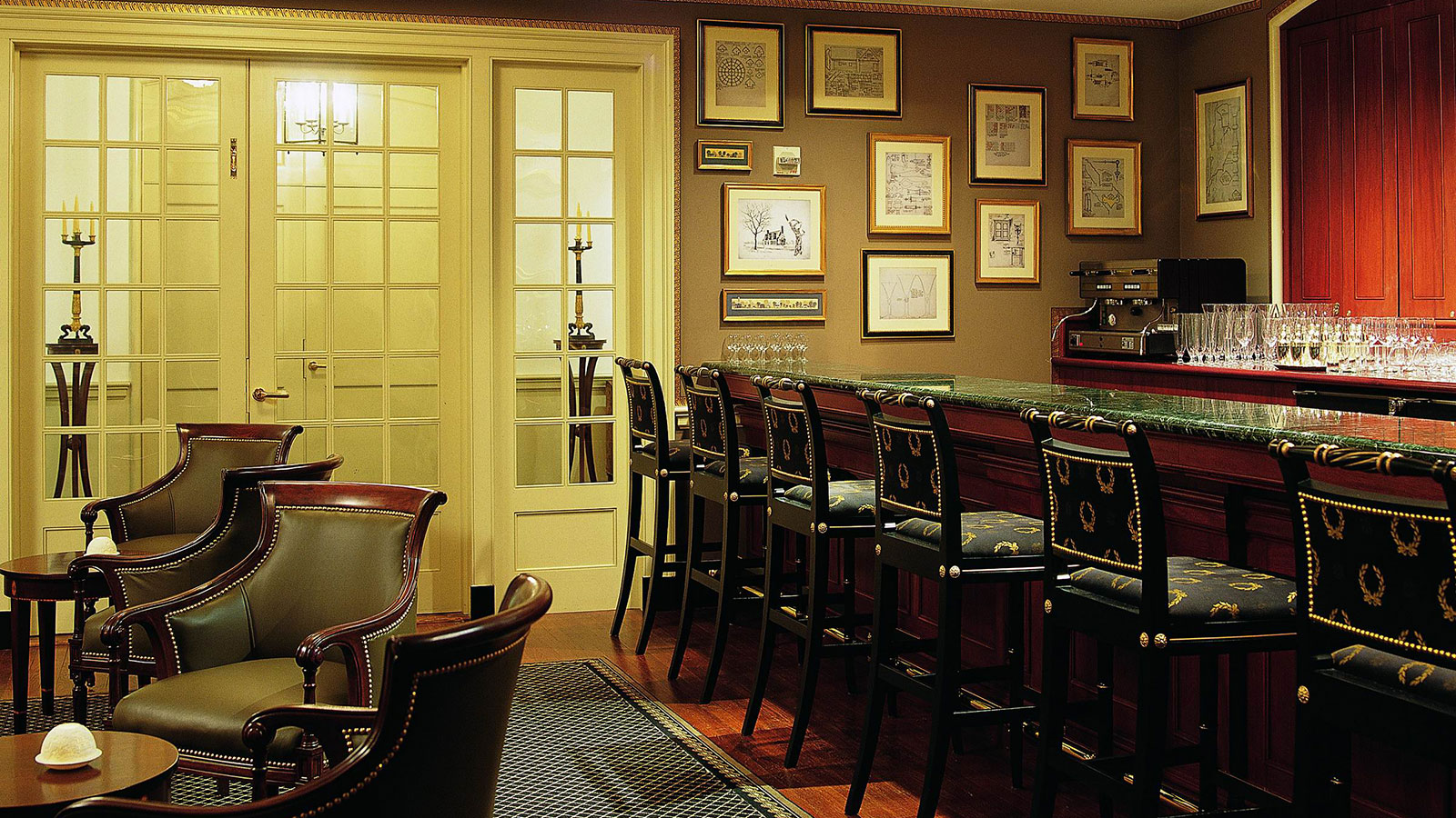 a room with chairs and tables