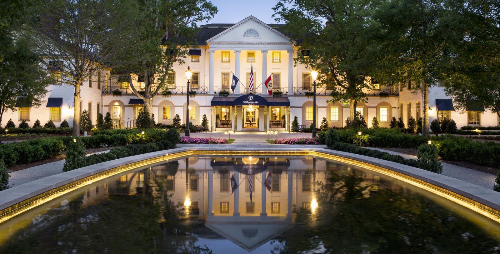 a building with a pool of water