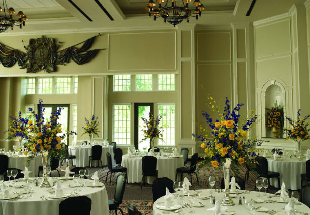 a room with tables and chairs