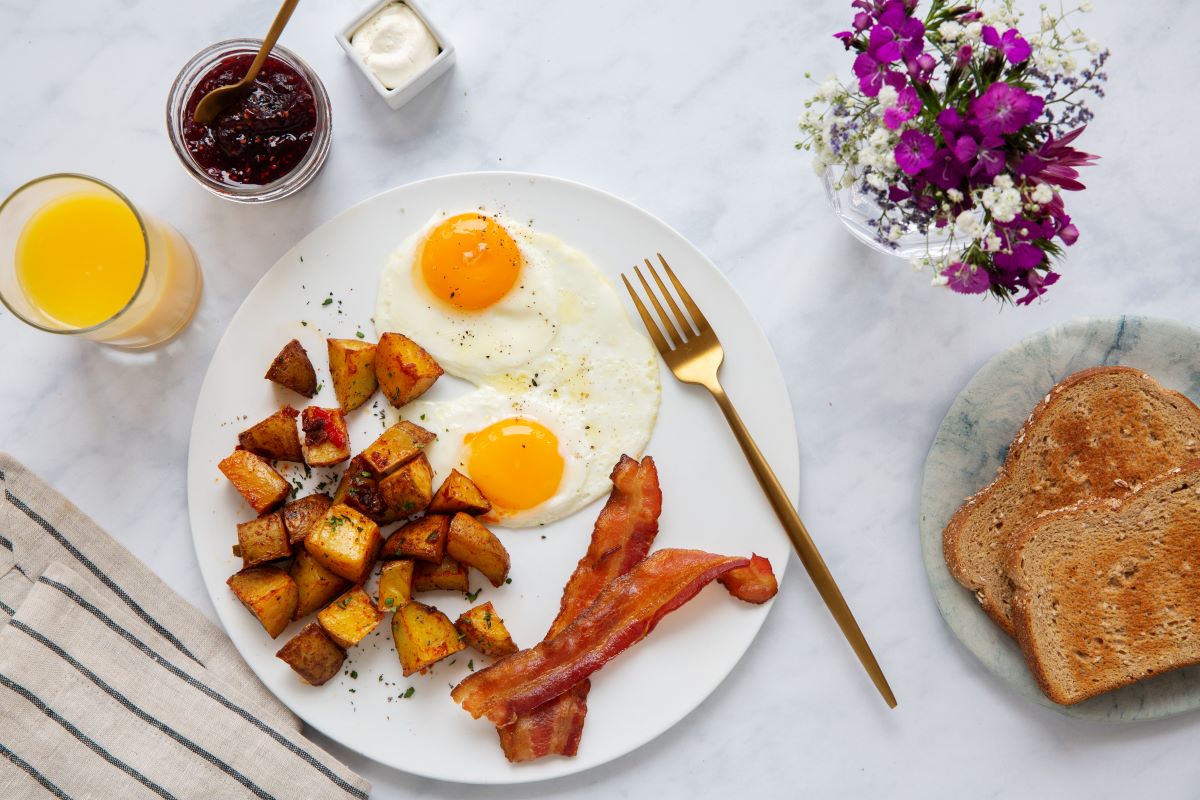 a plate of food with eggs bacon and potatoes