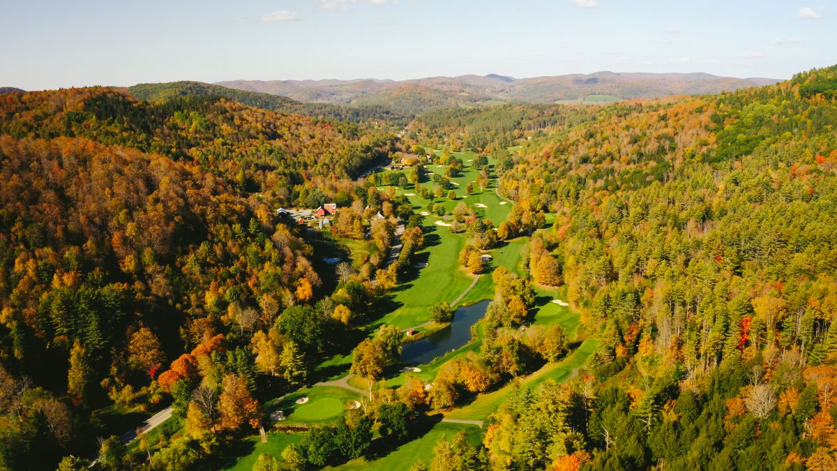 a golf course surrounded by trees