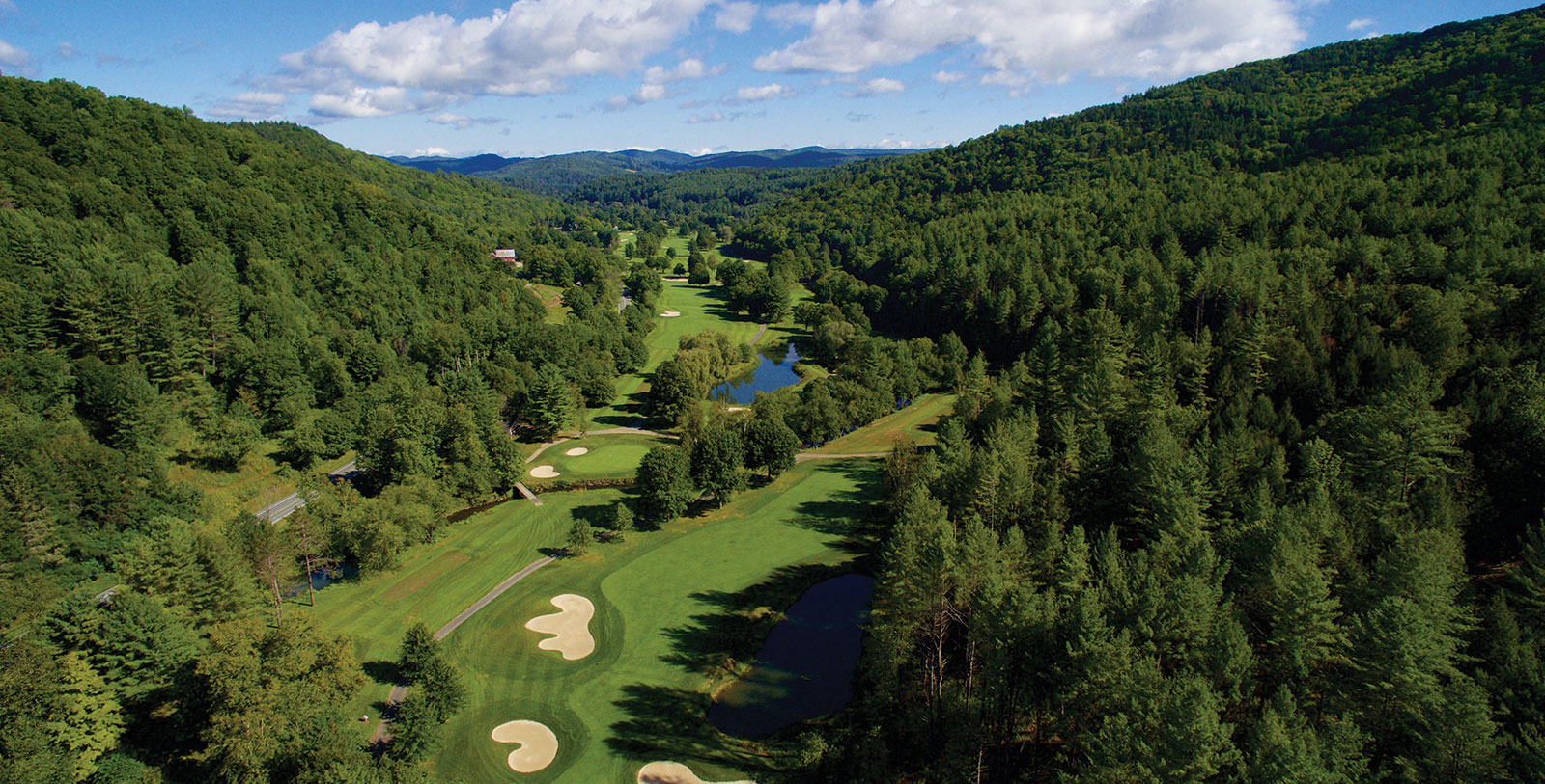 a golf course with a lake and trees