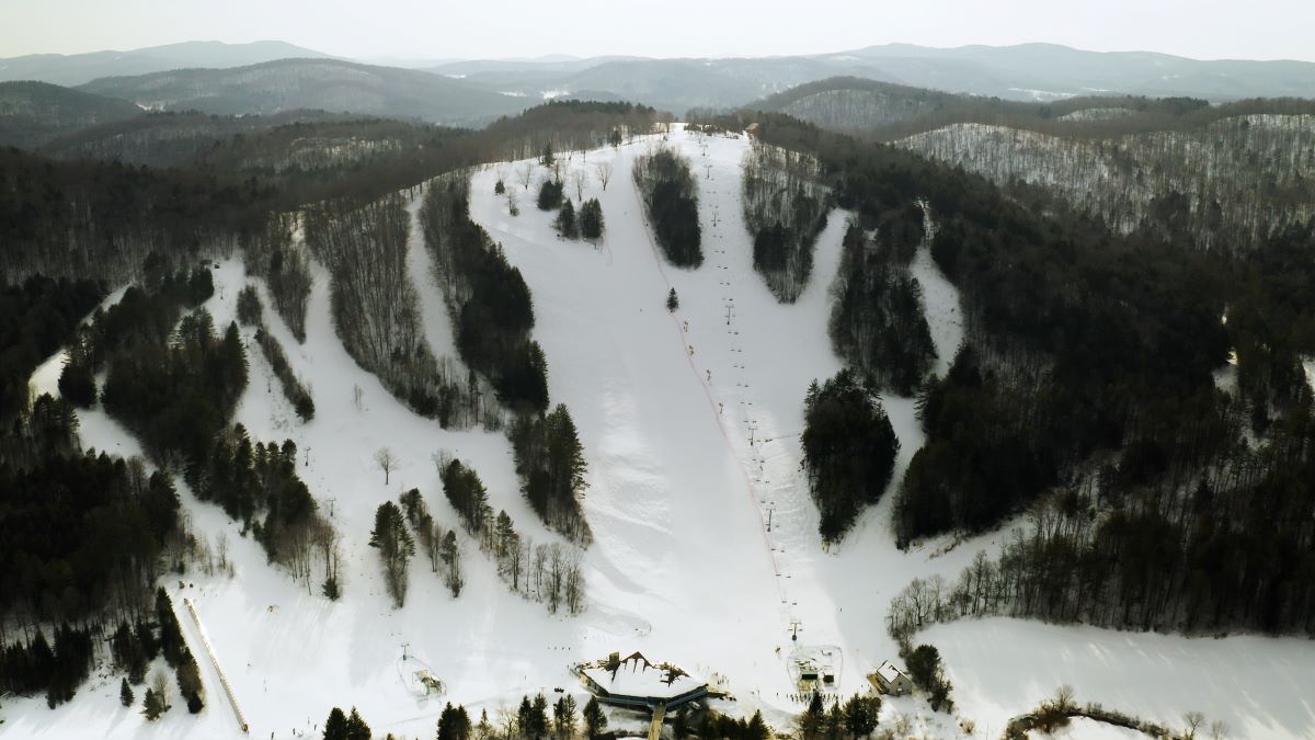 a ski slope with trees and a building