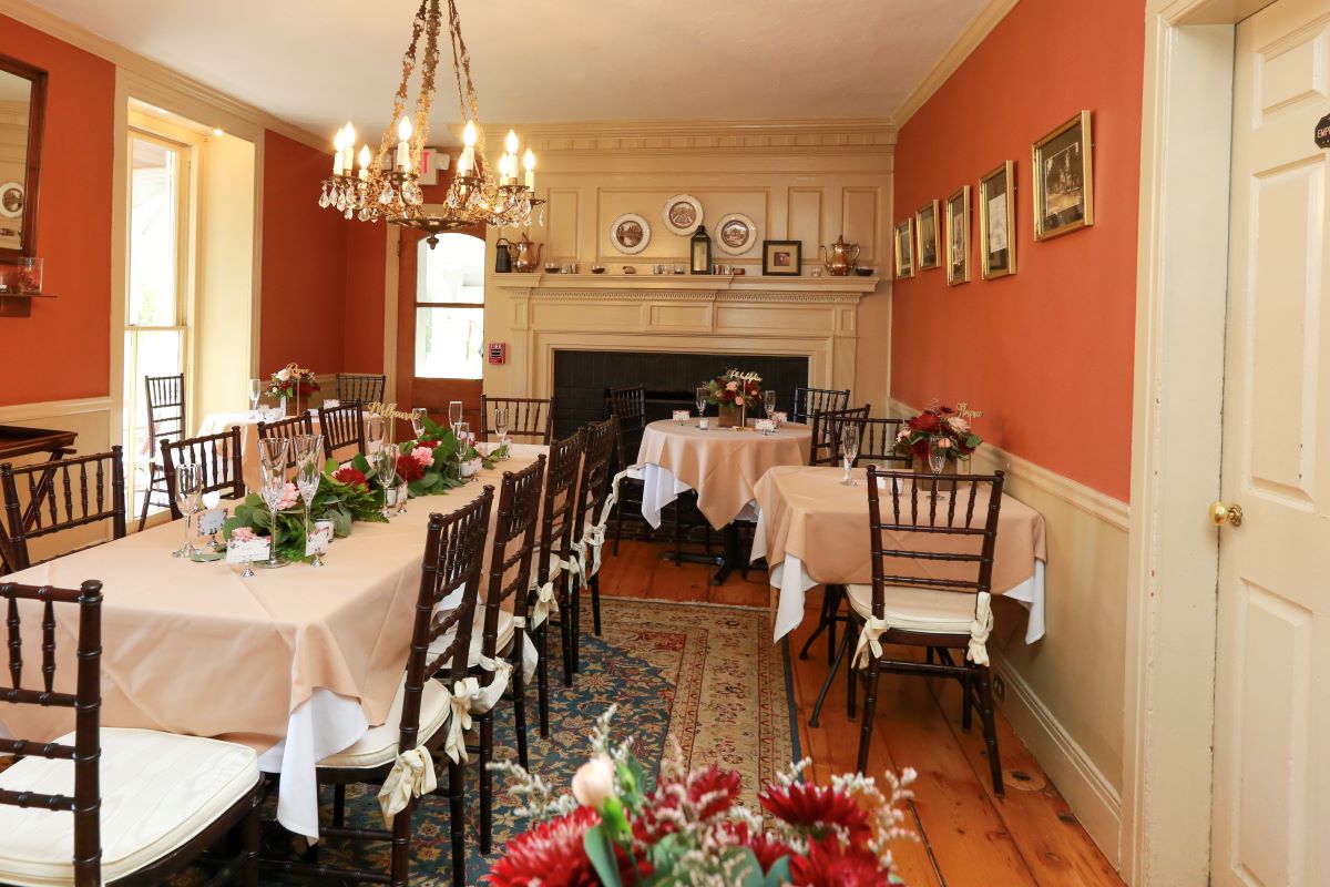a room with tables and chairs