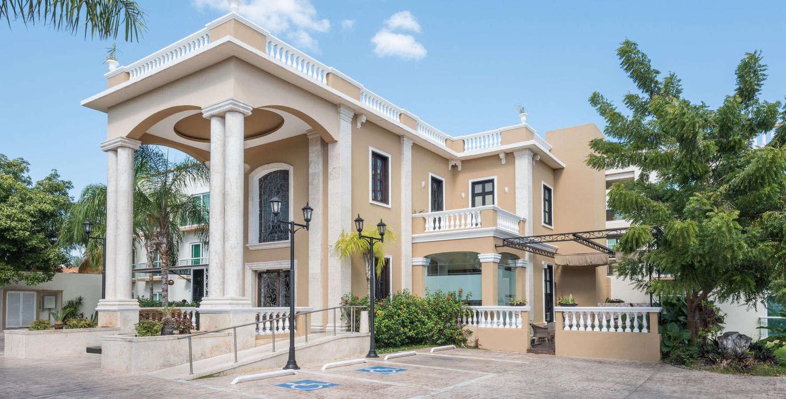a building with a walkway and a walkway