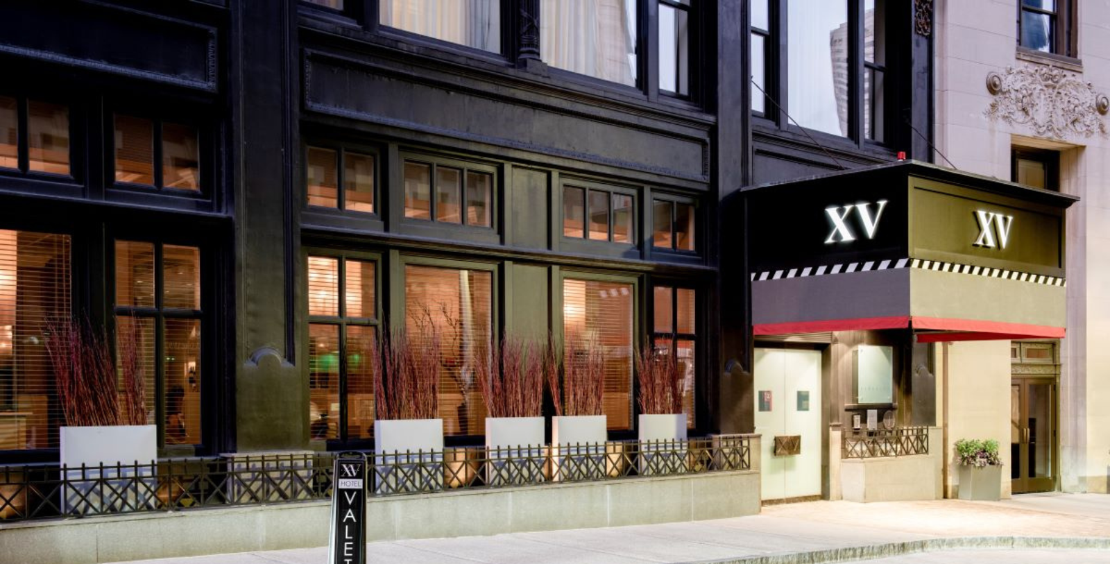 a building with windows and a sign